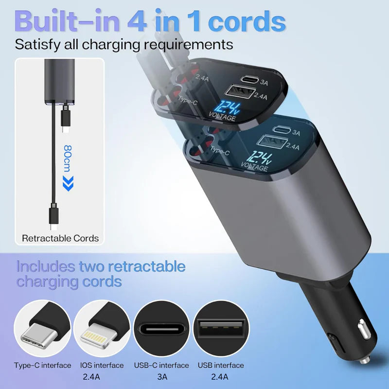 Urbian Burj 4-in-1 retractable charger with multiple USB ports and compact design, shown in black with extended cables.