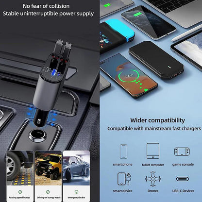 Urbian Burj 4-in-1 retractable charger with multiple USB ports and retractable cable for versatile device charging.