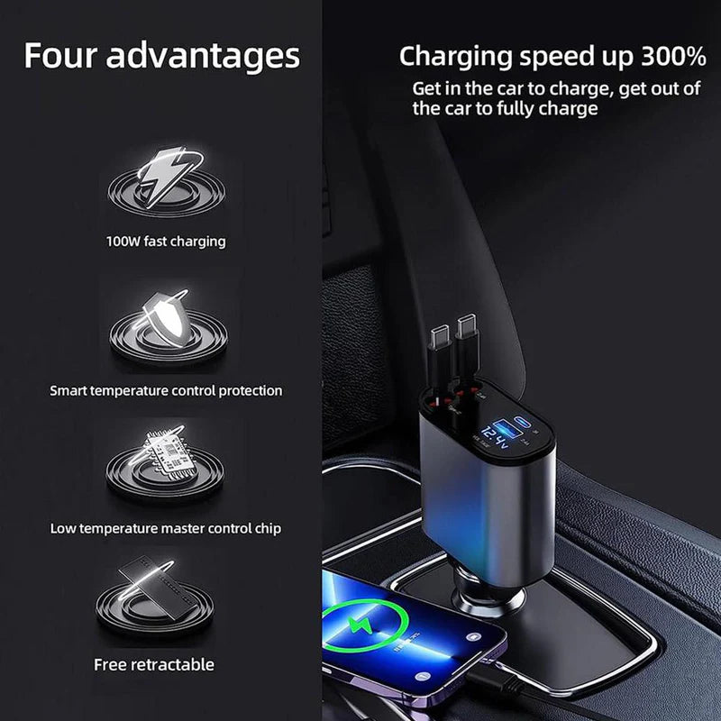 Urbian Burj 4-in-1 retractable charger with multiple USB ports and cable retraction for versatile device charging.