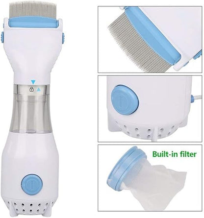 Electric head lice vacuum comb by Urbian Burj with a handheld device and comb attachment for lice removal.