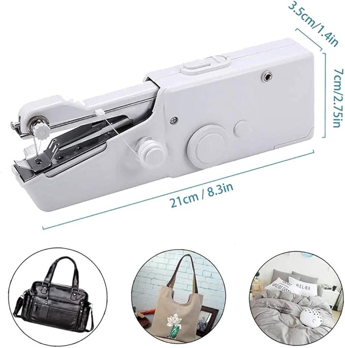 Portable handheld sewing machine by Urbian Burj, shown in blue with a compact design, ideal for quick sewing repairs.