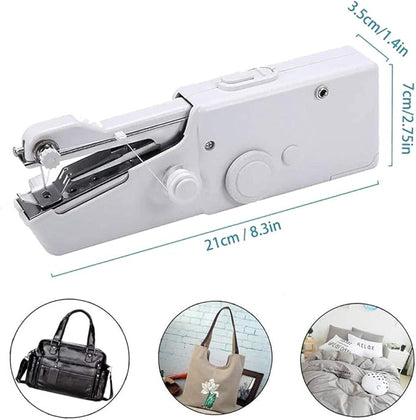Portable handheld sewing machine by Urbian Burj, shown in blue with a compact design, ideal for quick sewing repairs.