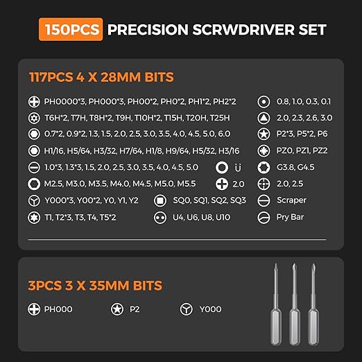 Urbian Burj 150-piece precision screwdriver set with various screwdrivers and bits for professional repair and DIY tasks.