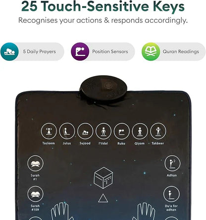 Smart interactive prayer mat by Urbian Burj featuring embedded sensors and illuminated guidance for seamless prayer experience.
