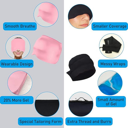 Urbian Burj migraine relief cap, one size fits all headache hat with cooling gel packs and adjustable strap for pain relief.