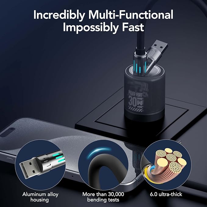 MFish 4-in-1 multi USB fast charging cable by Urbian Burj showing four different USB connectors for versatile charging.