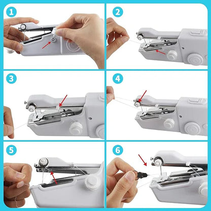 Portable handheld sewing machine by Urbian Burj, compact design with a built-in thread spool for quick sewing projects.