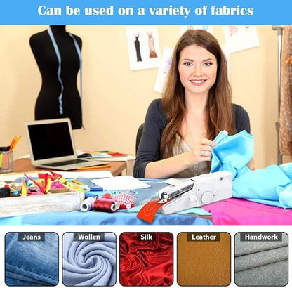 Portable handheld sewing machine by Urbian Burj, showing compact design and control dial for quick sewing repairs.