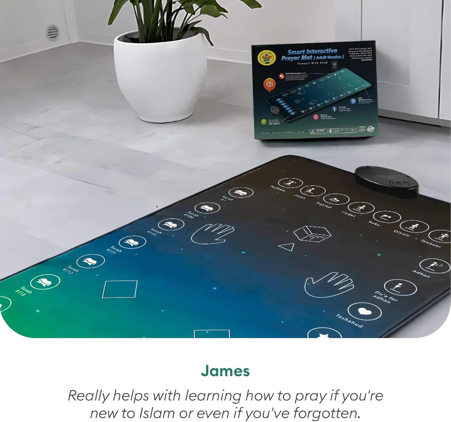 Smart interactive prayer mat by Urbian Burj with embedded sensors and digital display for guided Islamic prayer.
