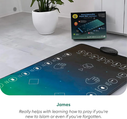 Smart interactive prayer mat by Urbian Burj with embedded sensors and digital display for guided Islamic prayer.