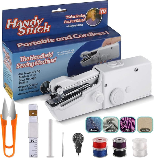 Portable handheld sewing machine by Urbian Burj, compact and lightweight for quick sewing and mending tasks.