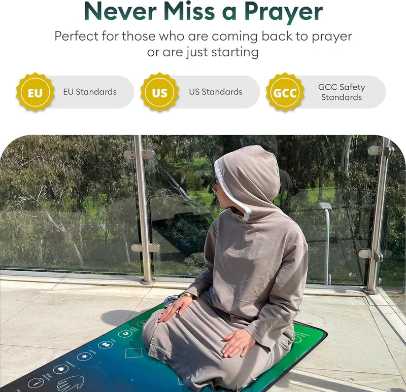 Smart interactive prayer mat by Urbian Burj with embedded sensors and illuminated guiding lines for precise prayer positioning.