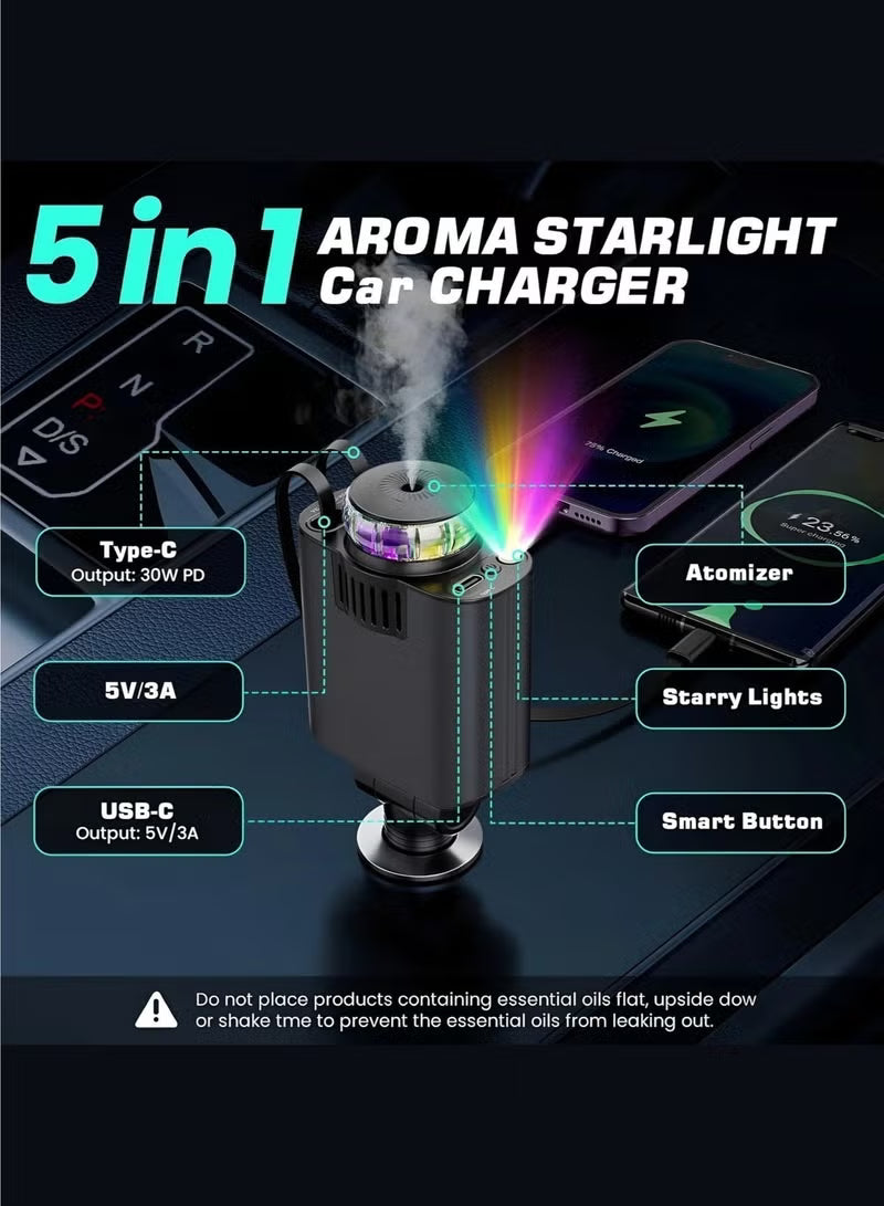 5 in 1 Star Light Car Charger with Aromatherapy & Retractable Cable