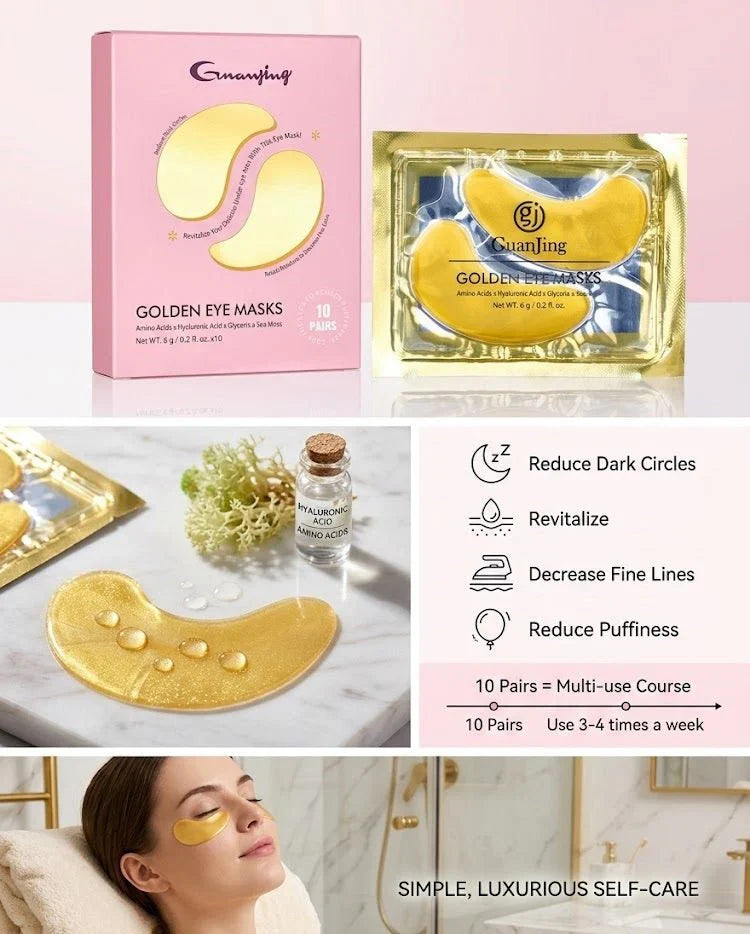 Guanjing Golden Eye Masks by Urbian Burj, close-up of luxurious gold-colored eye masks with intricate design and silky texture.